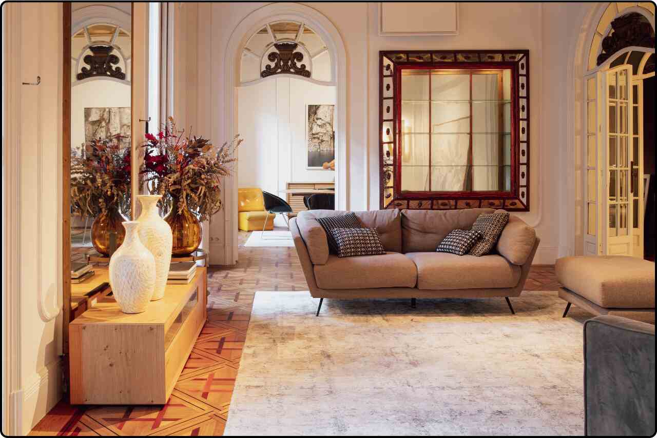 Luxurious home interior showcasing an elegant living room with high-end furnishings and stylish decor.